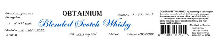Cat's Eye Distillery Obtainium 5 Year Old Blended Scotch Whisky