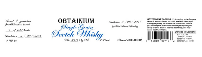 Cat's Eye Distillery Obtainium 5 Year Old Single Grain Scotch Whisky