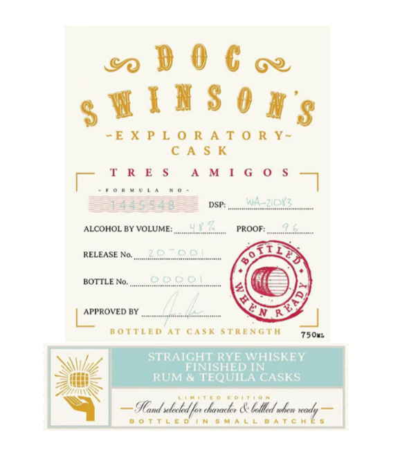 Doc Swinson’s Exploratory Cask Tres Amigos Finished in Rum & Tequila Casks Straight Rye Whisky