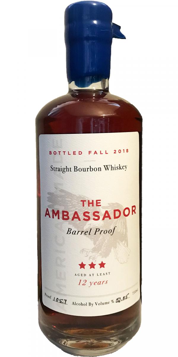 The Ambassador Barrel Proof Straight Bourbon Whiskey bottle