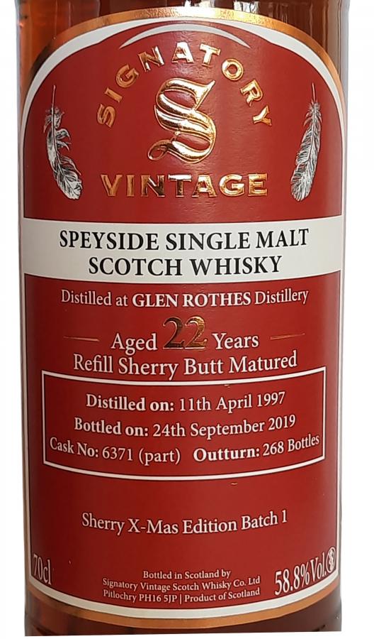 Glenrothes 1997 (Signatory Vintage) Sherry X-mas Edition Batch 1 (Cask #6371 (part)) 22 Year Old 2019 Release Single Malt Scotch Whisky | 700ML at CaskCartel.com