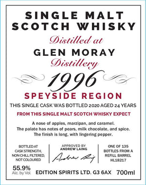 Glen Moray 1996 (Edition Spirits) The First Editions 24 Year Old 2020 Release (Cask #HL 18217) Single Malt Scotch Whisky | 700ML at CaskCartel.com