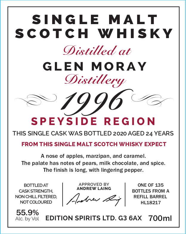 Glen Moray 1996 (Edition Spirits) The First Editions 24 Year Old 2020 Release (Cask #HL 18217) Single Malt Scotch Whisky | 700ML