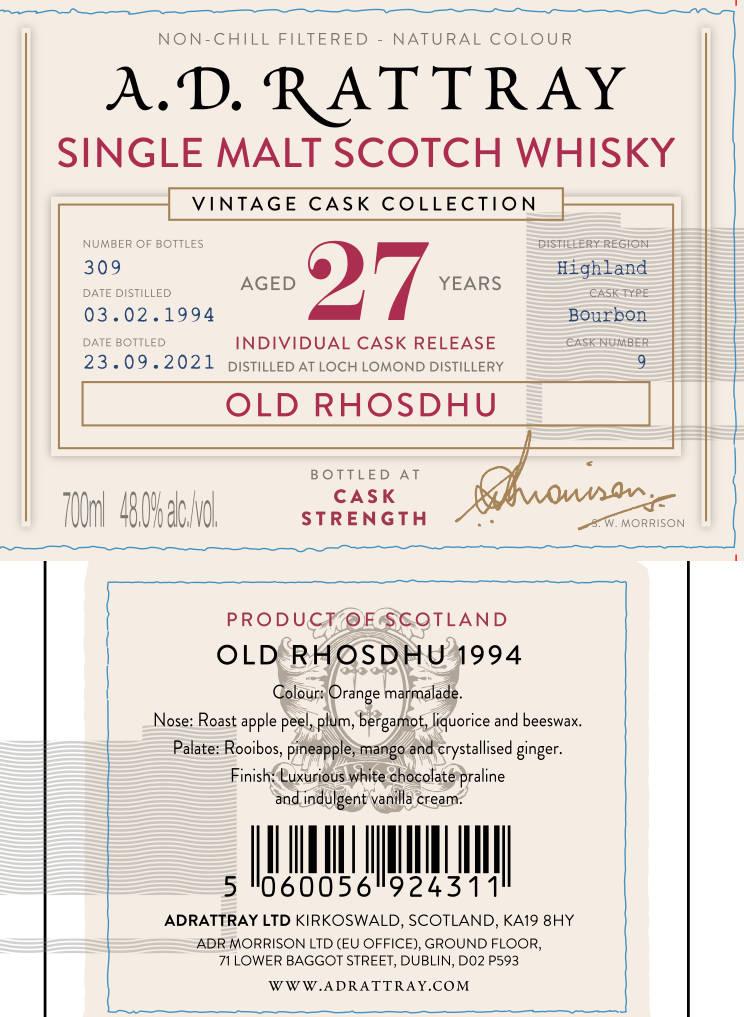 Old Rhosdhu 1994 DR Vintage Cask Collection 27 Year Old 2021 Release (Cask #9) Single Malt Scotch Whisky | 700ML at CaskCartel.com