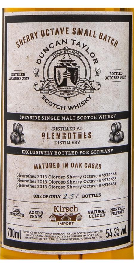 Glenrothes 2013 (Duncan Taylor) Sherry Octave Small Batch (8 Year Old) Single Malt Scotch Whisky | 700ML