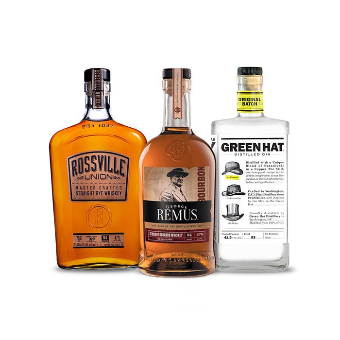 Rossville Union Straight Rye Whiskey, George Remus Straight Bourbon Whiskey & Green Hat Original Batch Gin (3) Bottle Bundle