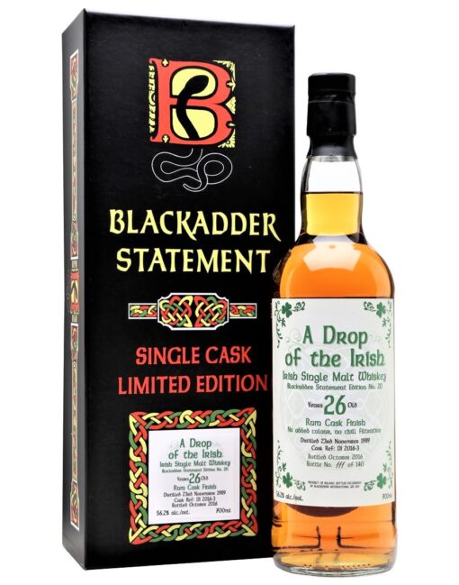 Blackadder Statement "Drop of the Irish" 26 Year Old Single Rum Cask Irish Single Malt Whiskey | 700ML