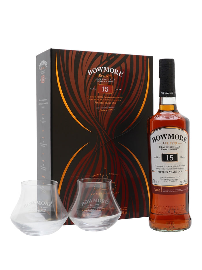 Bowmore 15 Year Old + 2 Glasses Set Islay Single Malt Scotch Whisky | 700ML