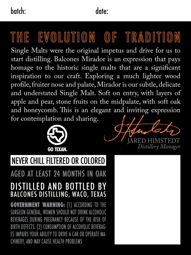 Balcones Mirador Texas Single Malt Whisky